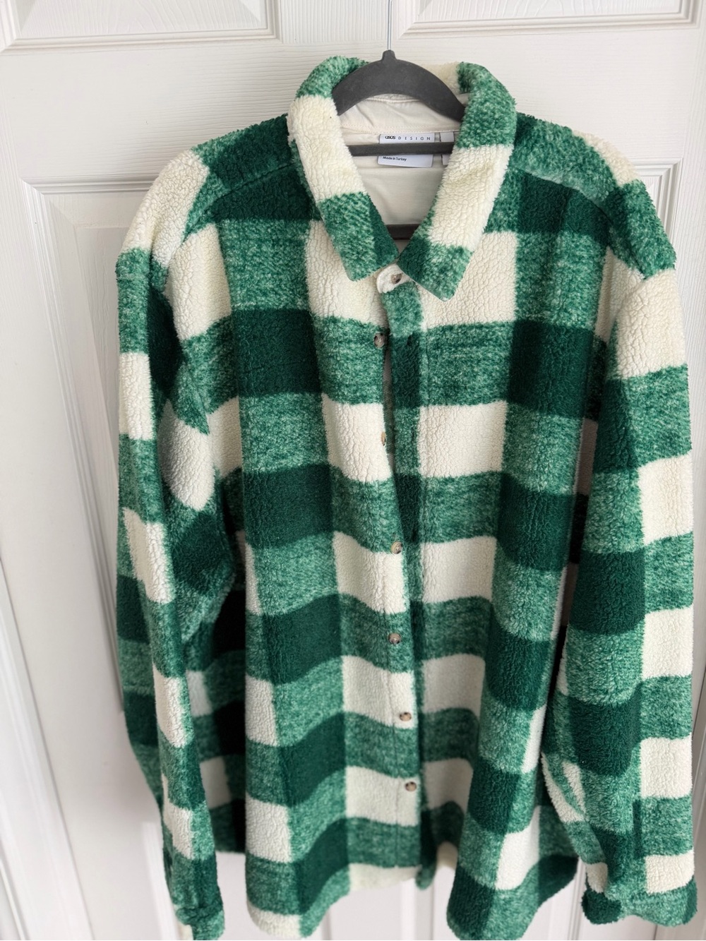ASOS Green and Cream Plaid Sherpa Button-Up Jacket